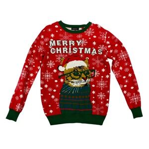Uideazone Merry Christmas Cat Sweater Sz Large Red Green Snowflake Holiday